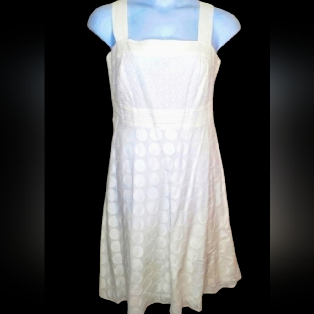 Eyelet Fit Flare White Midi Dress 14W Cotton Smocked Graduation Square Neck - Picture 2 of 15